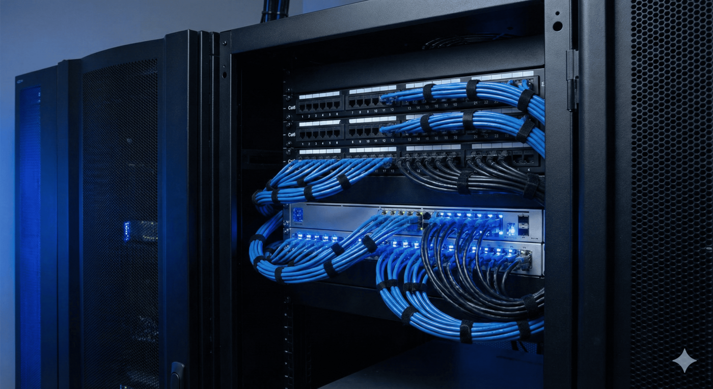 Professional structured cabling inside a rack